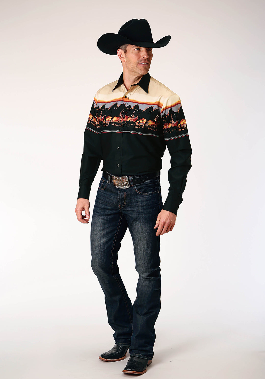 MENS LONG SLEEVE SNAP SCENIC HORSE BORDER WESTERN SHIRT