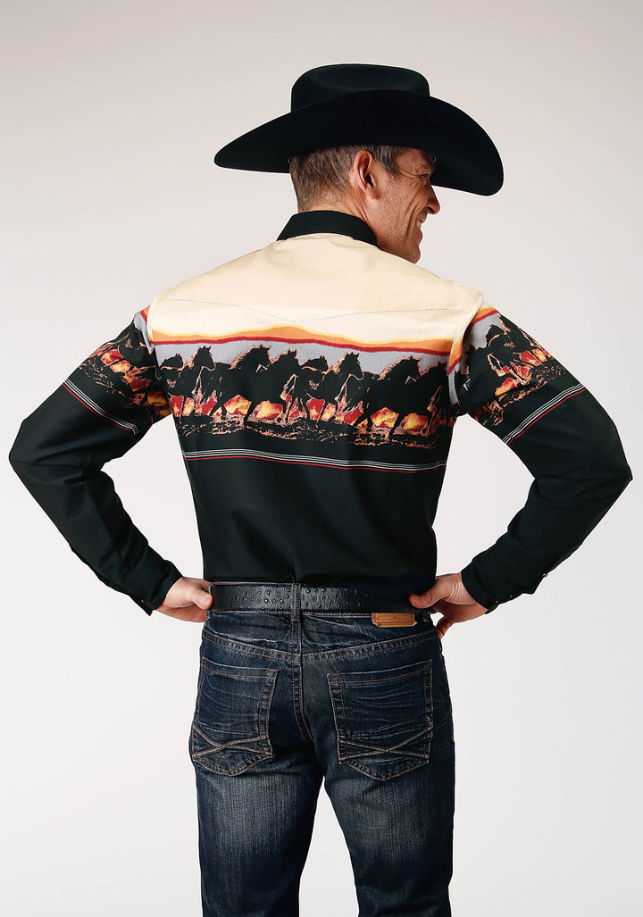 MENS LONG SLEEVE SNAP SCENIC HORSE BORDER WESTERN SHIRT