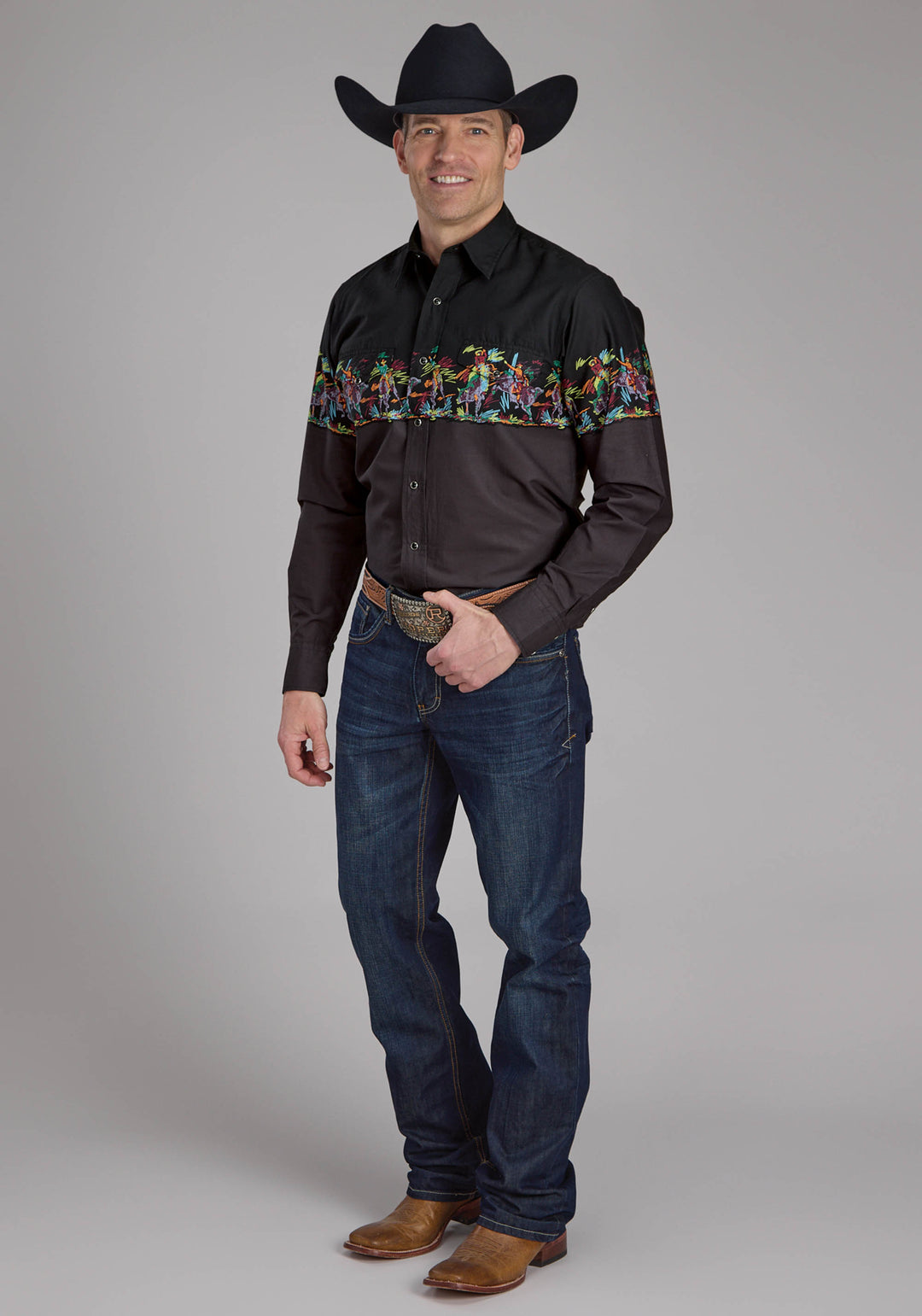 MENS SCRIBBLE BULLRIDERS BORDER SCENIC LONG SLEEVE SNAP WESTERN SHIRT