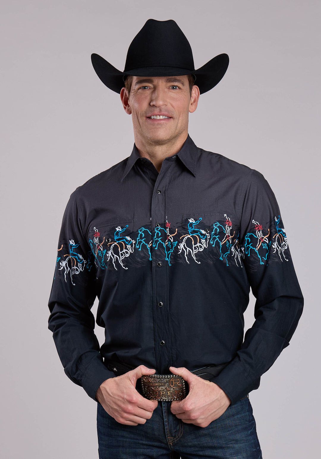 MENS LONG SLEEVE SNAP PAINTERLY RODEO BORDER SCENIC PRINT WESTERN SHIRT