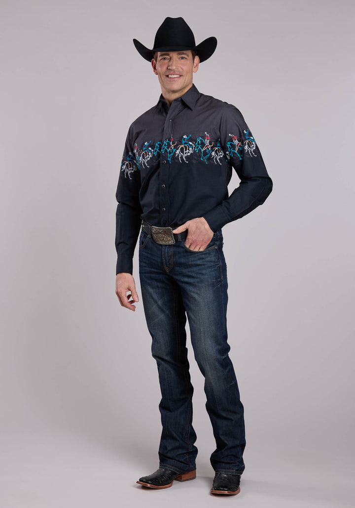 MENS LONG SLEEVE SNAP PAINTERLY RODEO BORDER SCENIC PRINT WESTERN SHIRT
