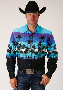 MENS LONG SLEEVE SNAP BEACH ROUNDUP BORDER WESTERN SHIRT