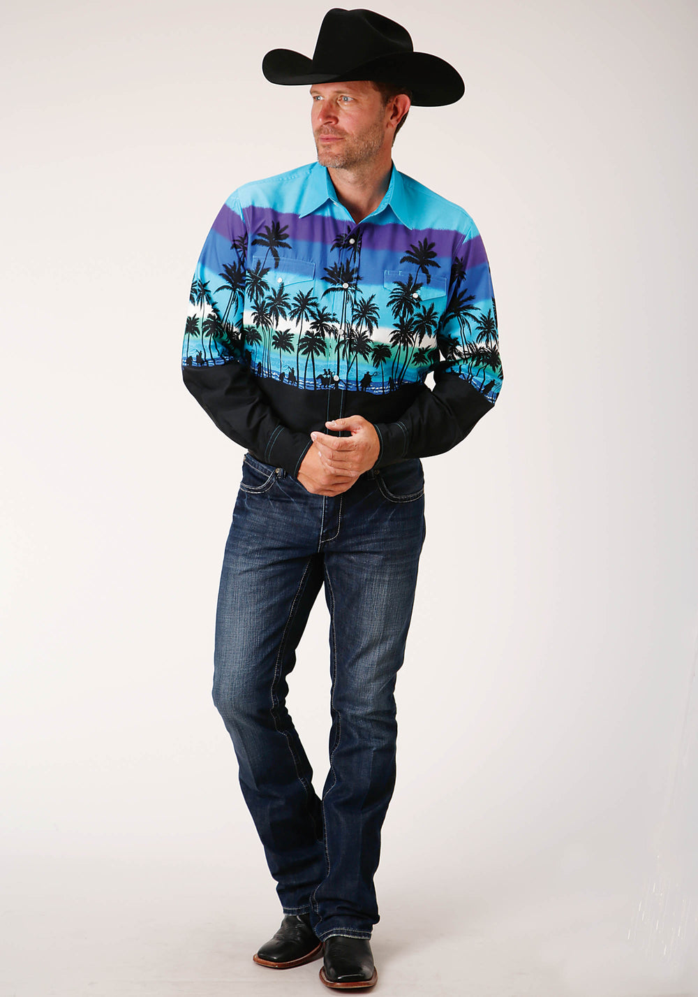 MENS LONG SLEEVE SNAP BEACH ROUNDUP BORDER WESTERN SHIRT