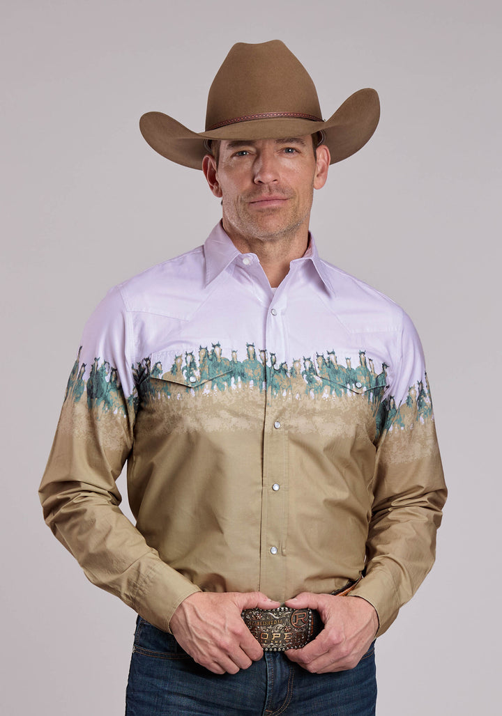 MENS ROPER RUN WILD BORDER LONG SLEEVE SNAP SHIRT