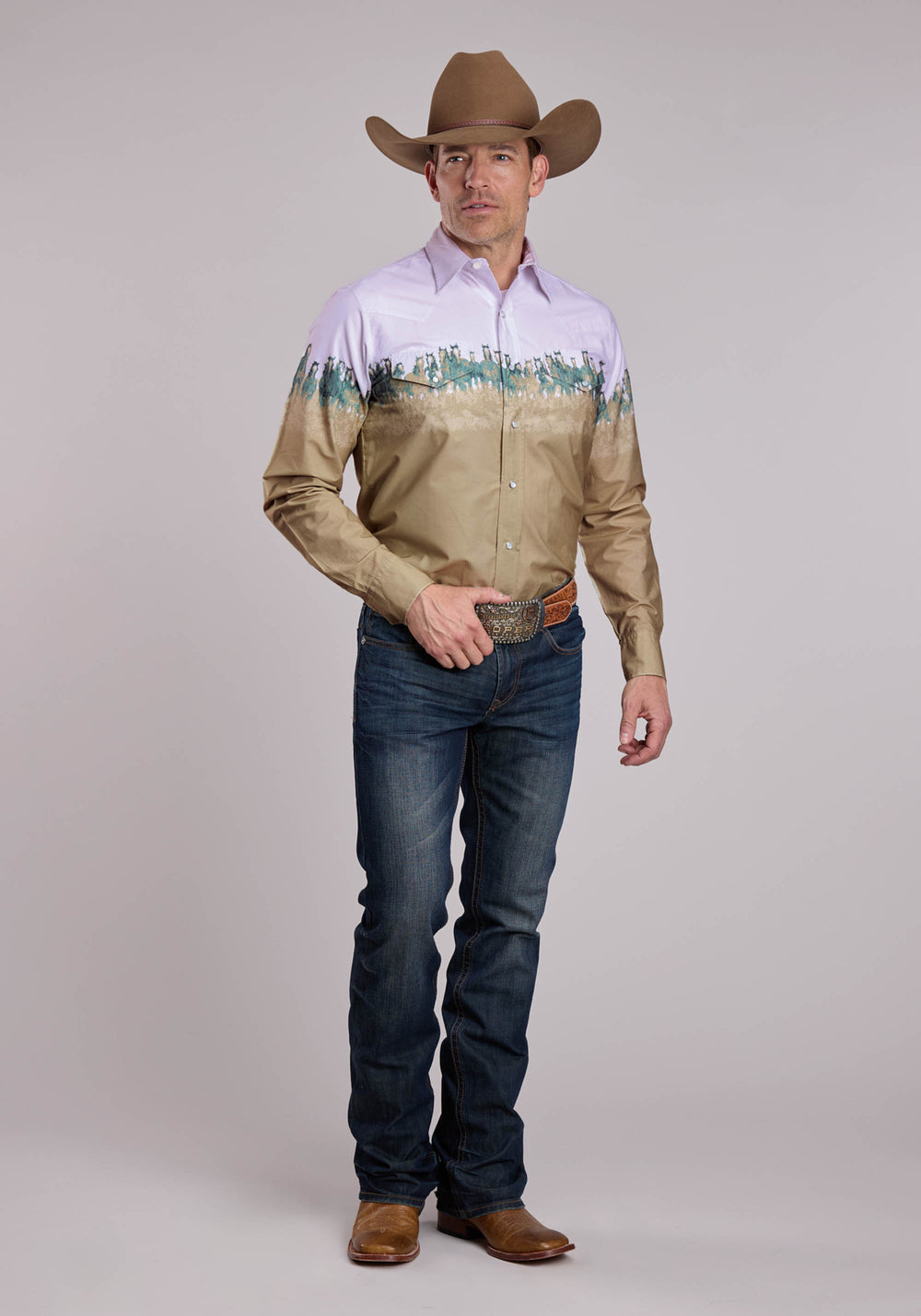 MENS ROPER RUN WILD BORDER LONG SLEEVE SNAP SHIRT