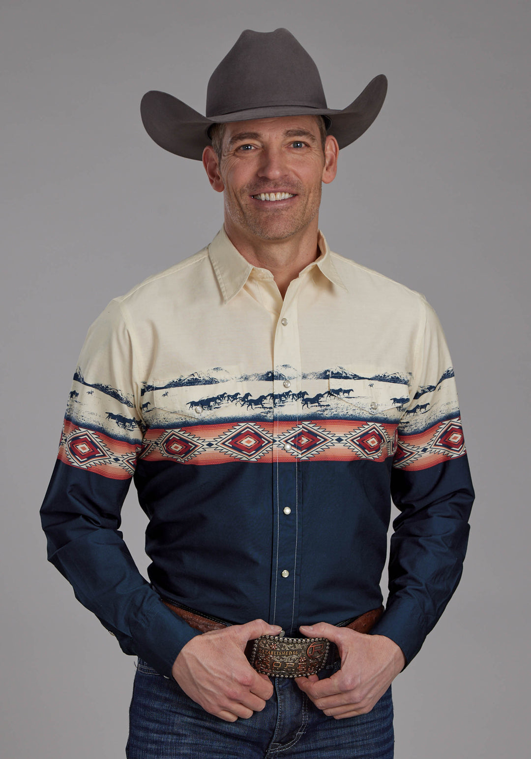 MENS OPEN RANGE BORDER SCENIC LONG SLEEVE SNAP WESTERN SHIRT