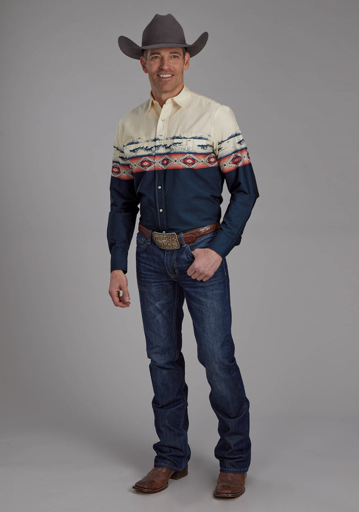 MENS OPEN RANGE BORDER SCENIC LONG SLEEVE SNAP WESTERN SHIRT