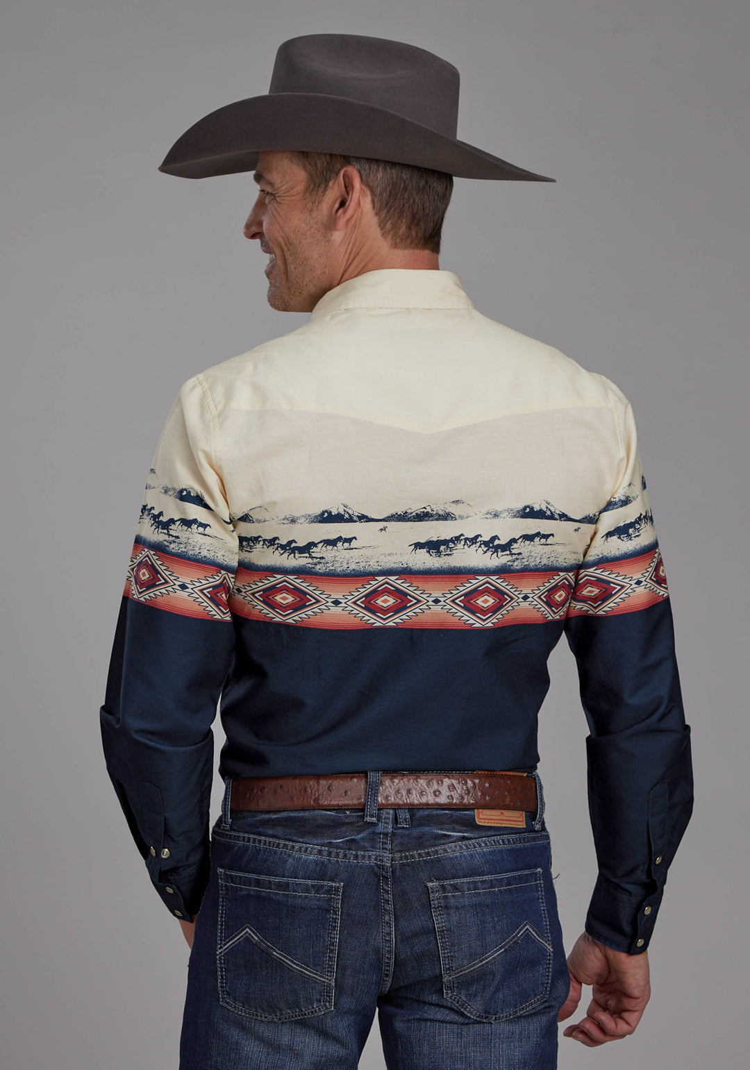 MENS OPEN RANGE BORDER SCENIC LONG SLEEVE SNAP WESTERN SHIRT