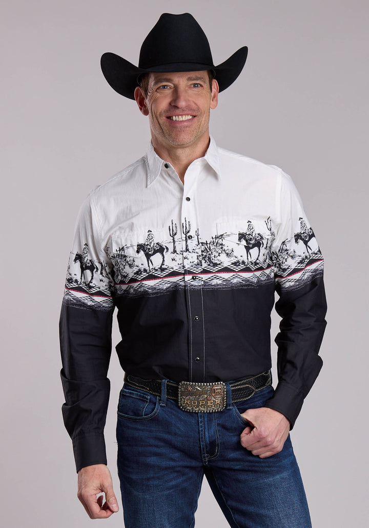 MENS ROPER CACTUS SCENE BORDER WESTERN SNAP SHIRT