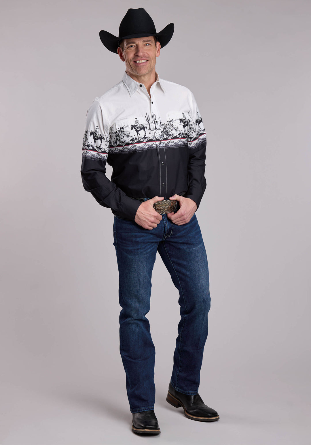 MENS ROPER CACTUS SCENE BORDER WESTERN SNAP SHIRT