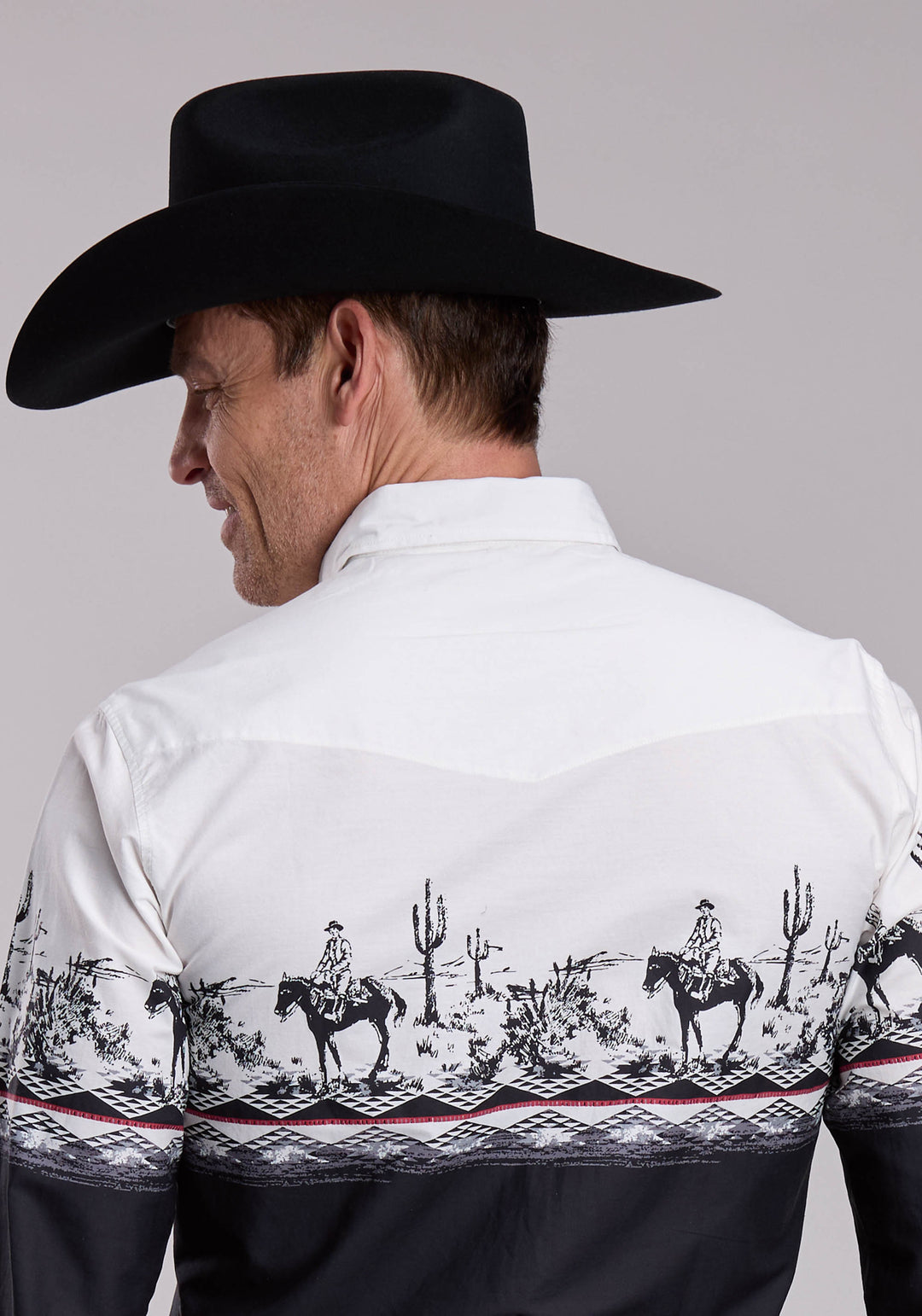 MENS ROPER CACTUS SCENE BORDER WESTERN SNAP SHIRT