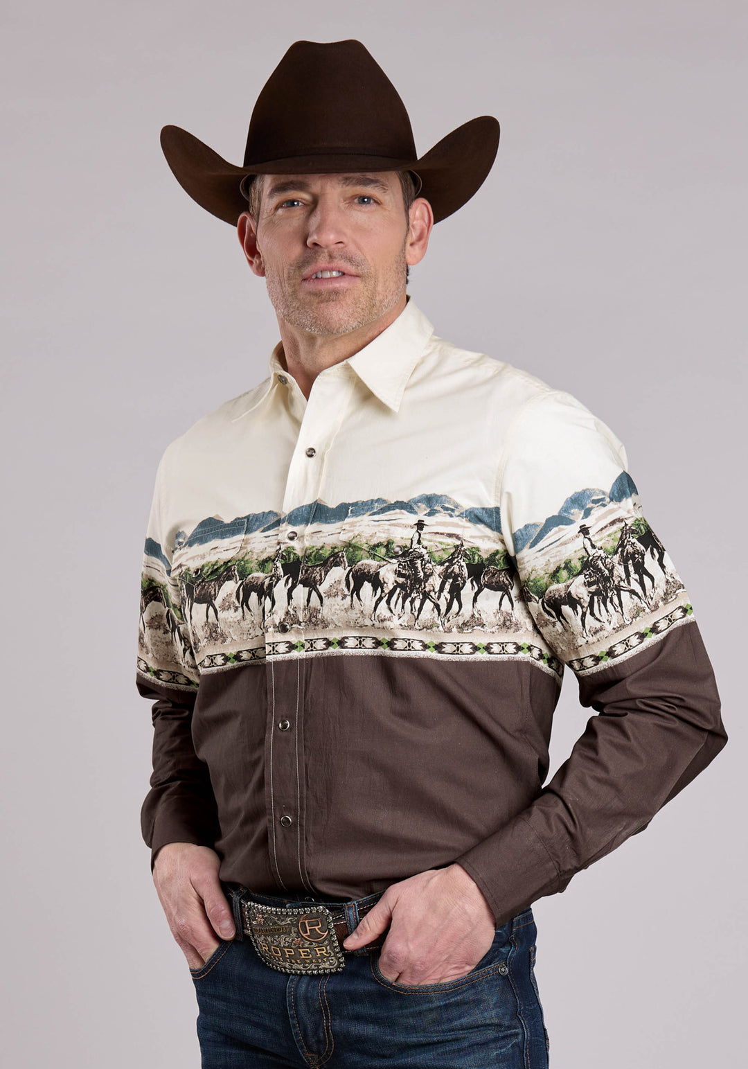 MENS LONG SLEEVE SNAP COUNTRY TRAILS SCENIC BORDER WESTERN SHIRT