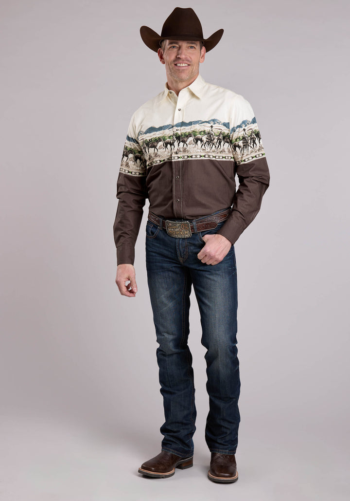 MENS LONG SLEEVE SNAP COUNTRY TRAILS SCENIC BORDER WESTERN SHIRT