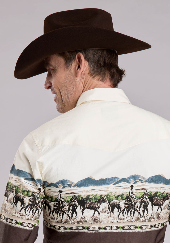 MENS LONG SLEEVE SNAP COUNTRY TRAILS SCENIC BORDER WESTERN SHIRT
