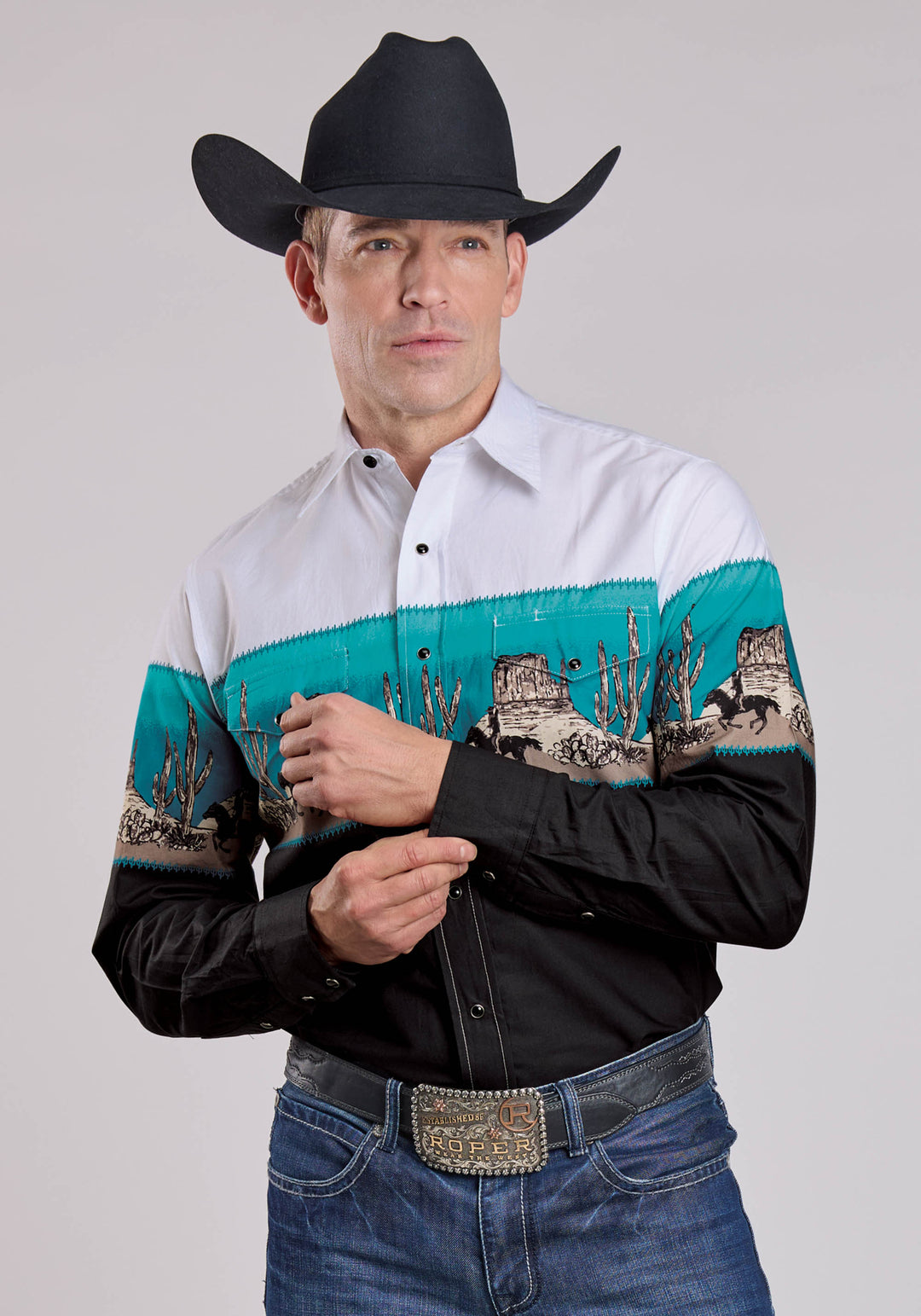 MENS LONG SLEEVE SNAP SCENIC BORDER WESTERN SHIRT