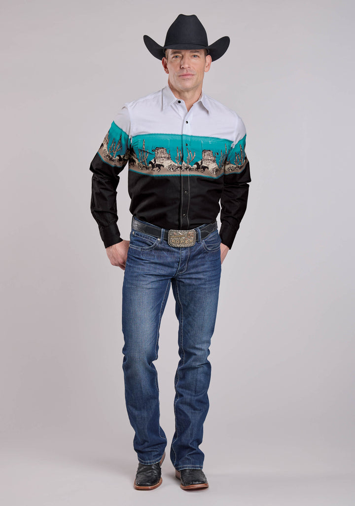 MENS LONG SLEEVE SNAP SCENIC BORDER WESTERN SHIRT