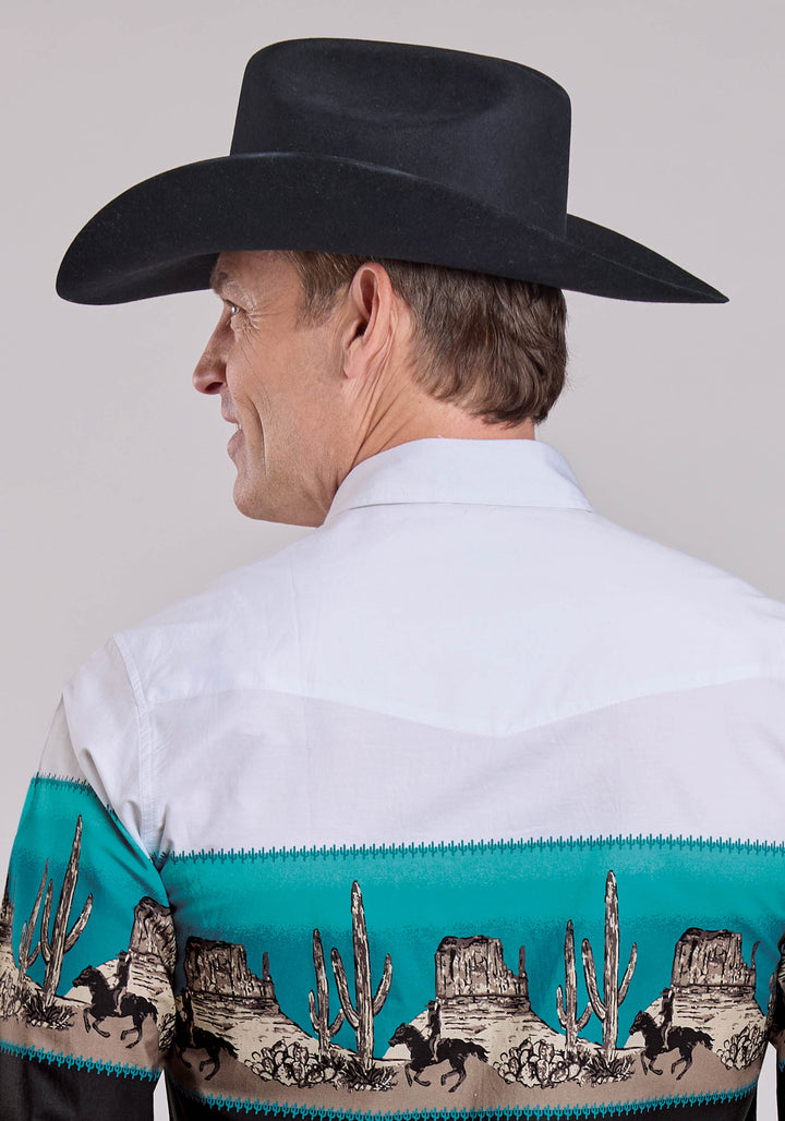 MENS LONG SLEEVE SNAP SCENIC BORDER WESTERN SHIRT