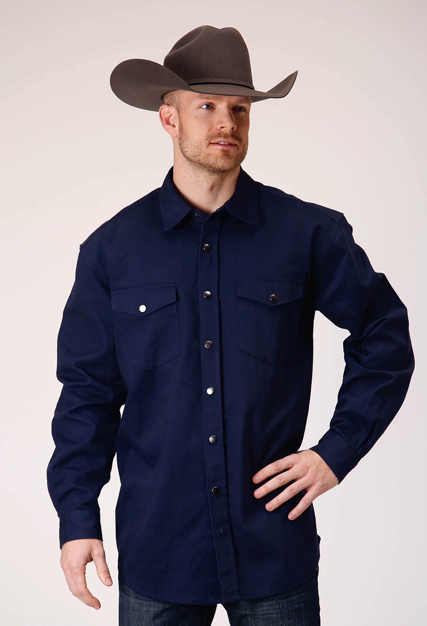 Mens Long Sleeve Snap Brush Twill Navy Western Shirt – Roper