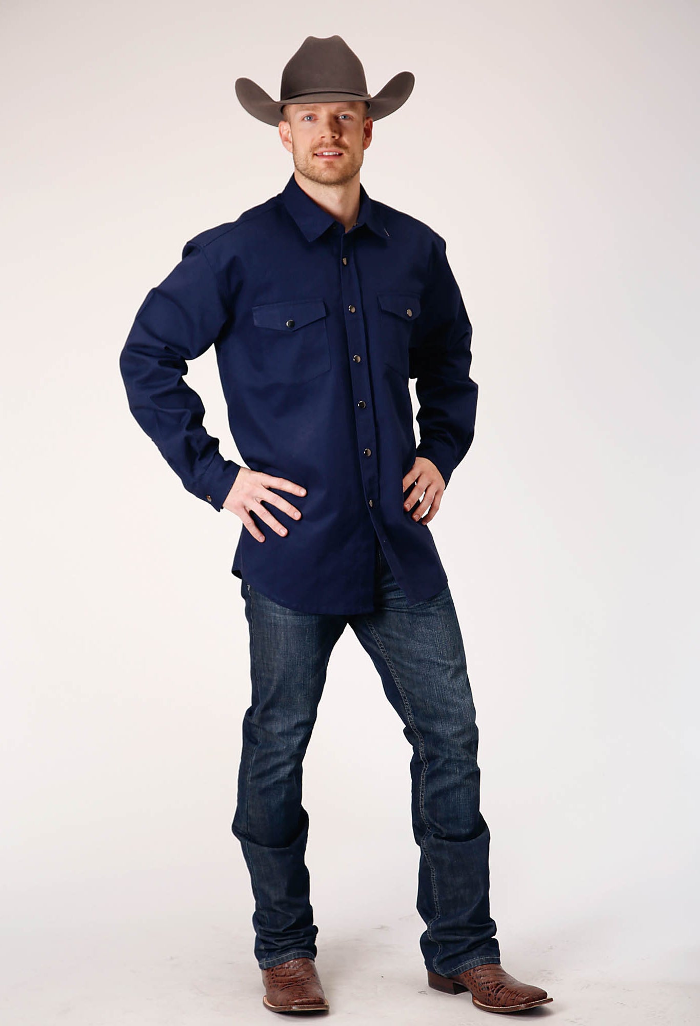 Mens Long Sleeve Snap Brush Twill Navy Western Shirt – Roper