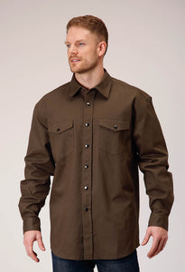 MENS LONG SLEEVE SNAP BRUSH TWILL OLIVE WESTERN SHIRT