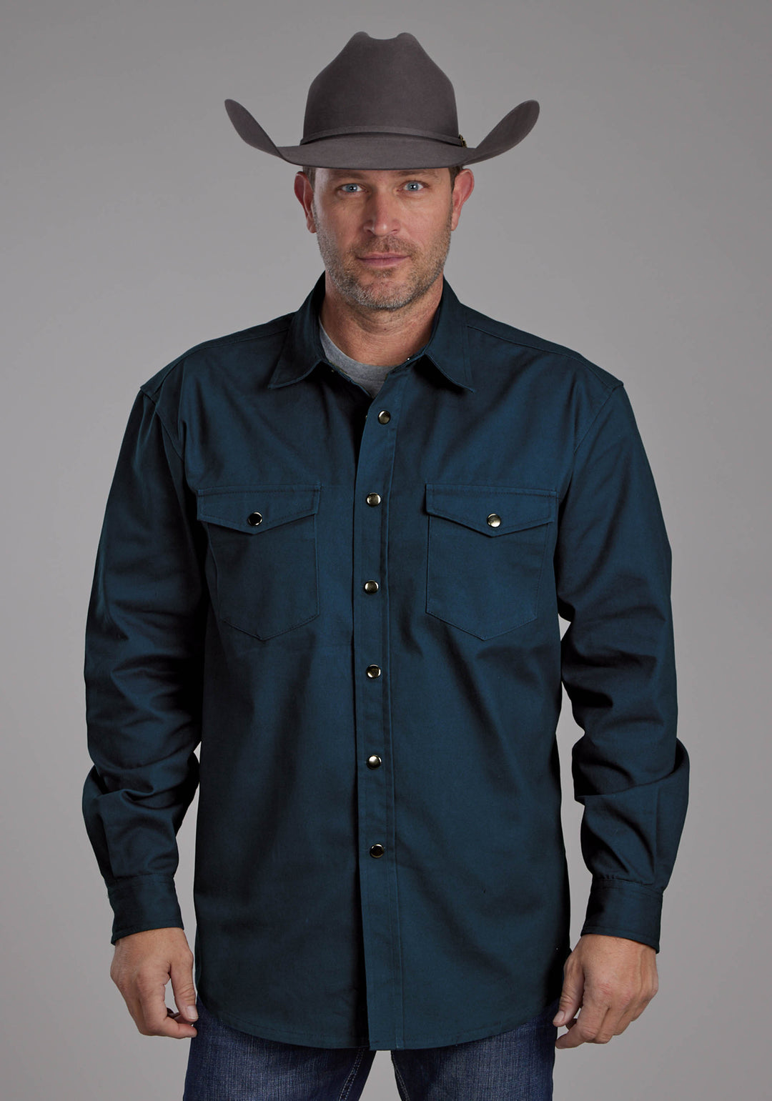 MENS LONG SLEEVE TWILL SHIRT - TEAL LONG SLEEVE SNAP WESTERN SHIRT