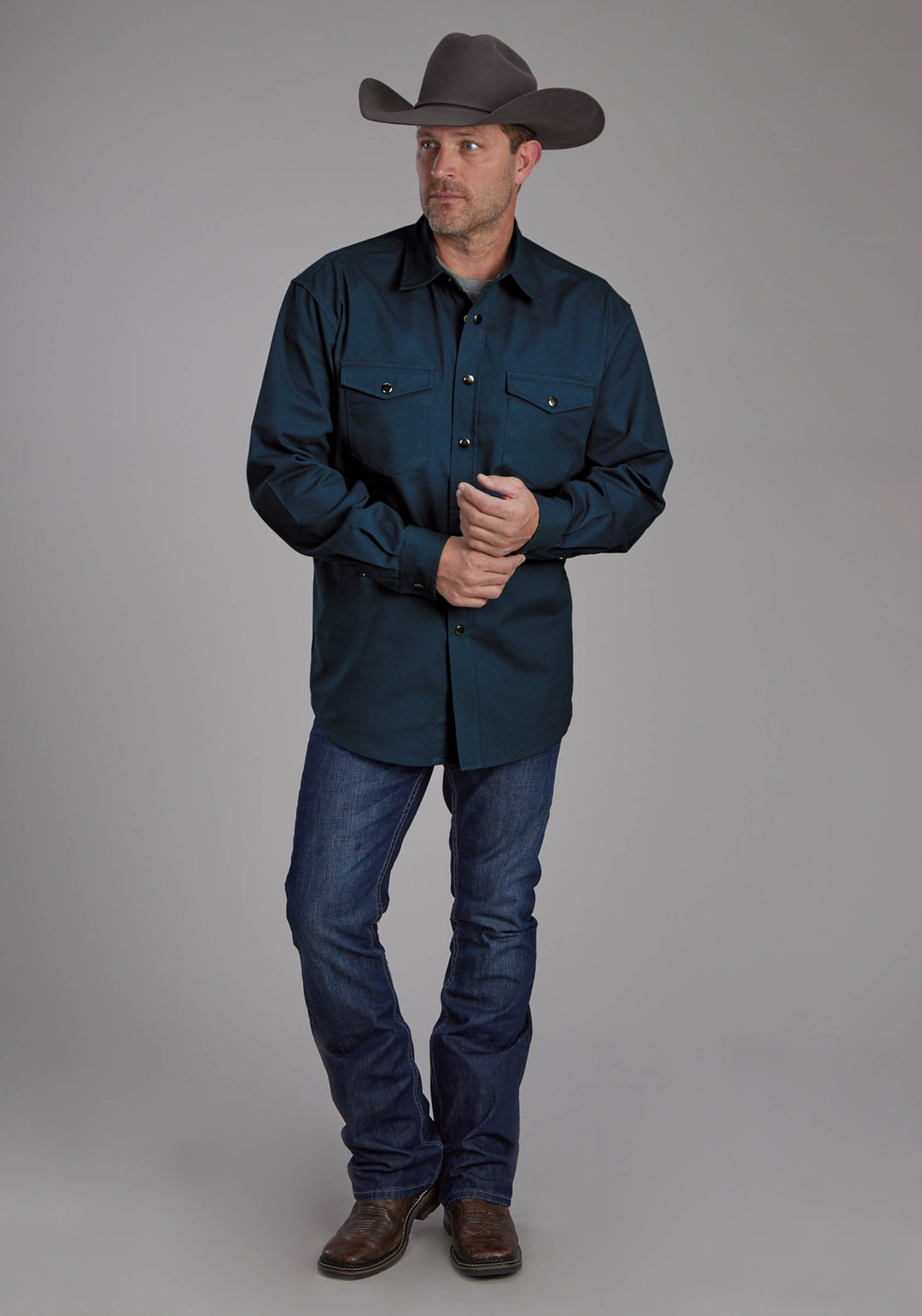 MENS LONG SLEEVE TWILL SHIRT - TEAL LONG SLEEVE SNAP WESTERN SHIRT