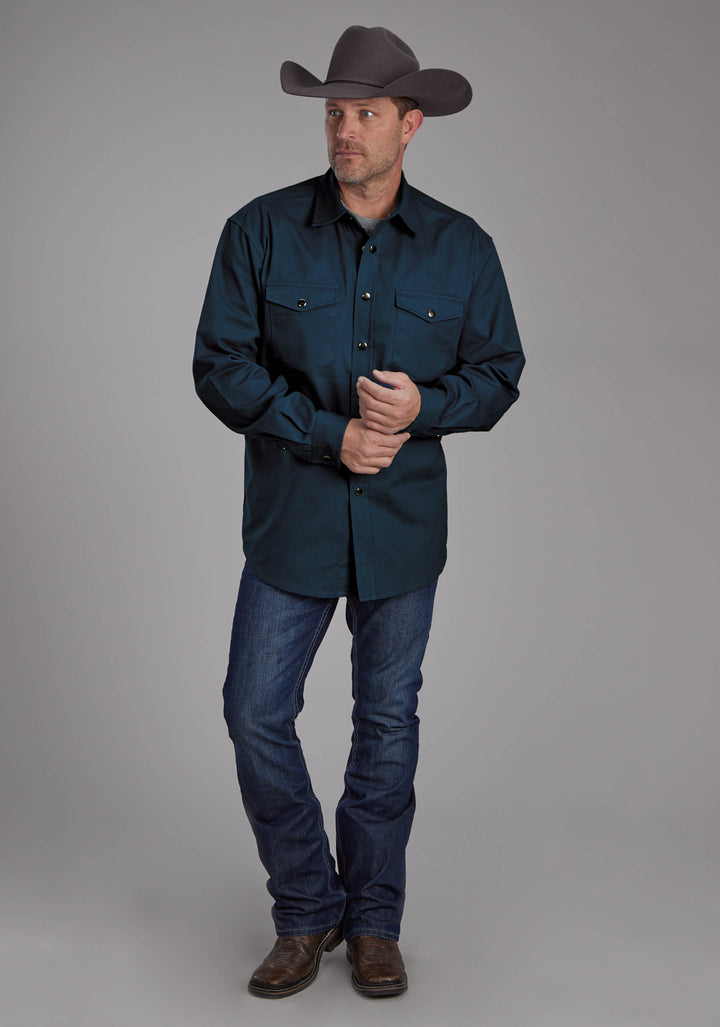MENS LONG SLEEVE TWILL SHIRT - TEAL LONG SLEEVE SNAP WESTERN SHIRT