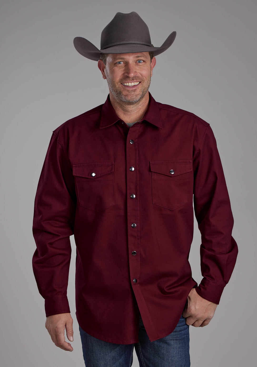 MENS LONG SLEEVE TWILL SHIRT - WINE LONG SLEEVE SNAP WESTERN SHIRT
