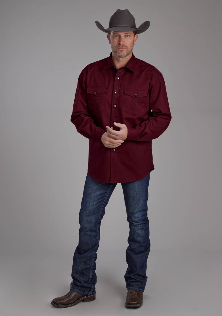MENS LONG SLEEVE TWILL SHIRT - WINE LONG SLEEVE SNAP WESTERN SHIRT