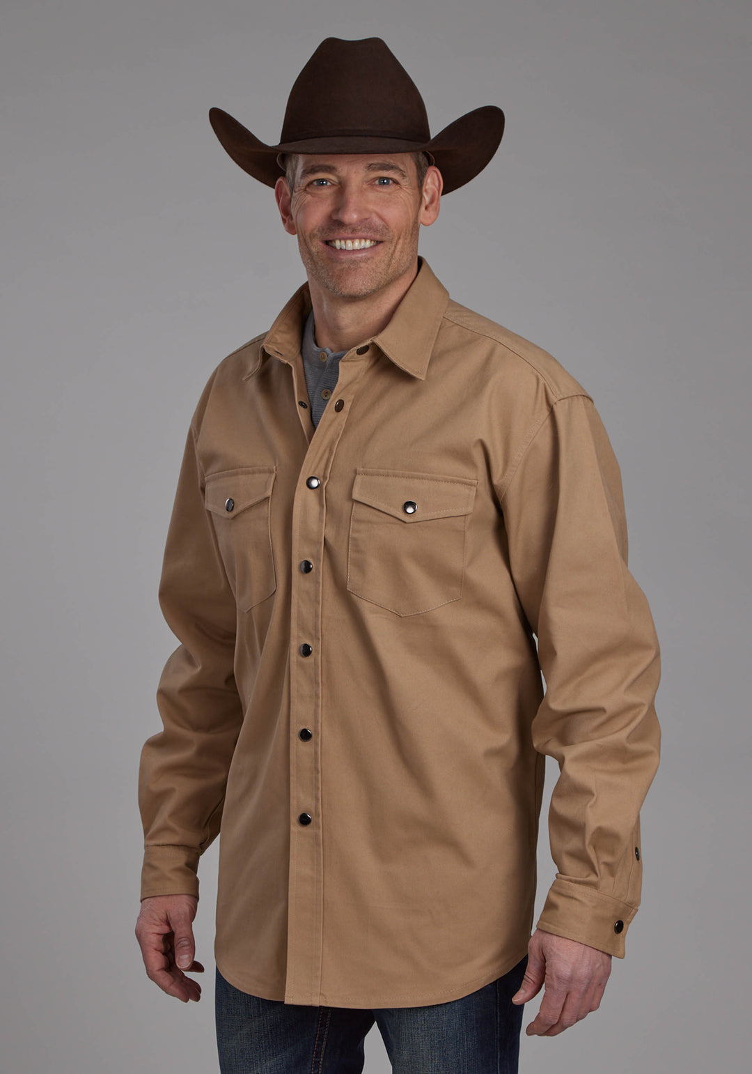 MENS LONG SLEEVE TWILL SHIRT - KHAKI LONG SLEEVE SNAP WESTERN SHIRT