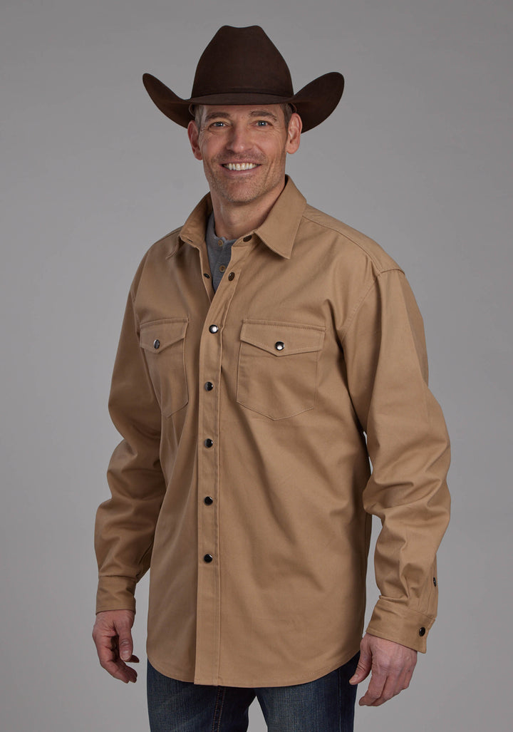 MENS LONG SLEEVE TWILL SHIRT - KHAKI LONG SLEEVE SNAP WESTERN SHIRT