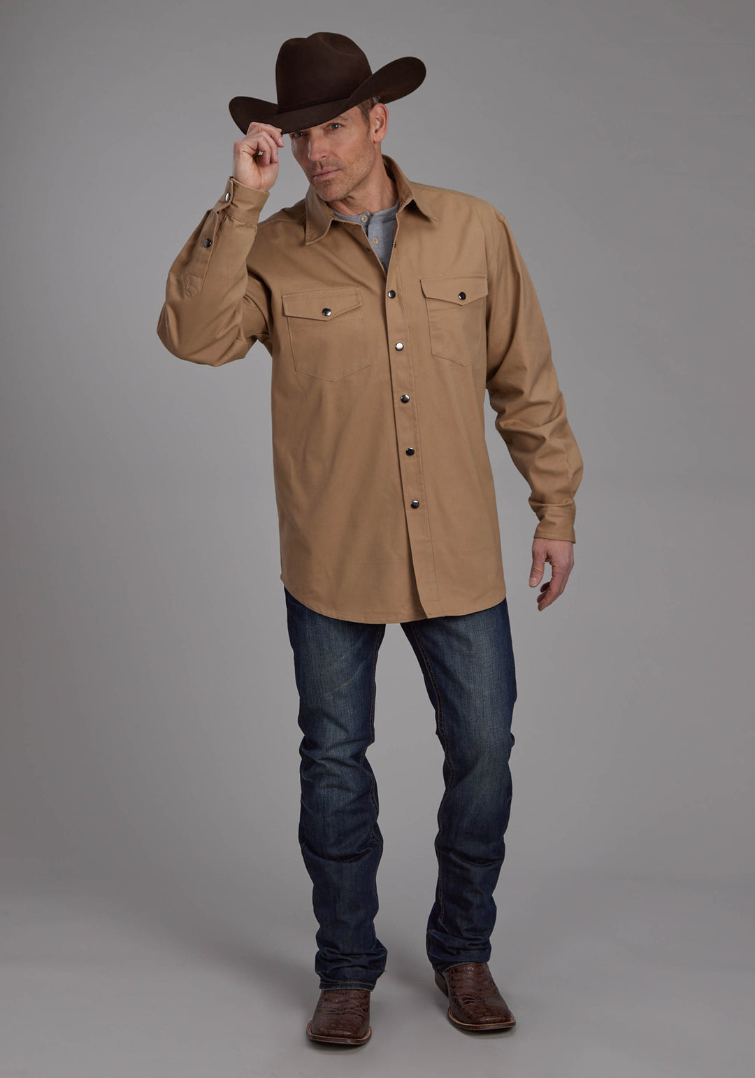 MENS LONG SLEEVE TWILL SHIRT - KHAKI LONG SLEEVE SNAP WESTERN SHIRT