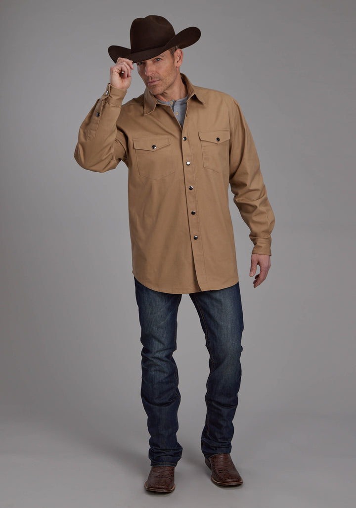 MENS LONG SLEEVE TWILL SHIRT - KHAKI LONG SLEEVE SNAP WESTERN SHIRT