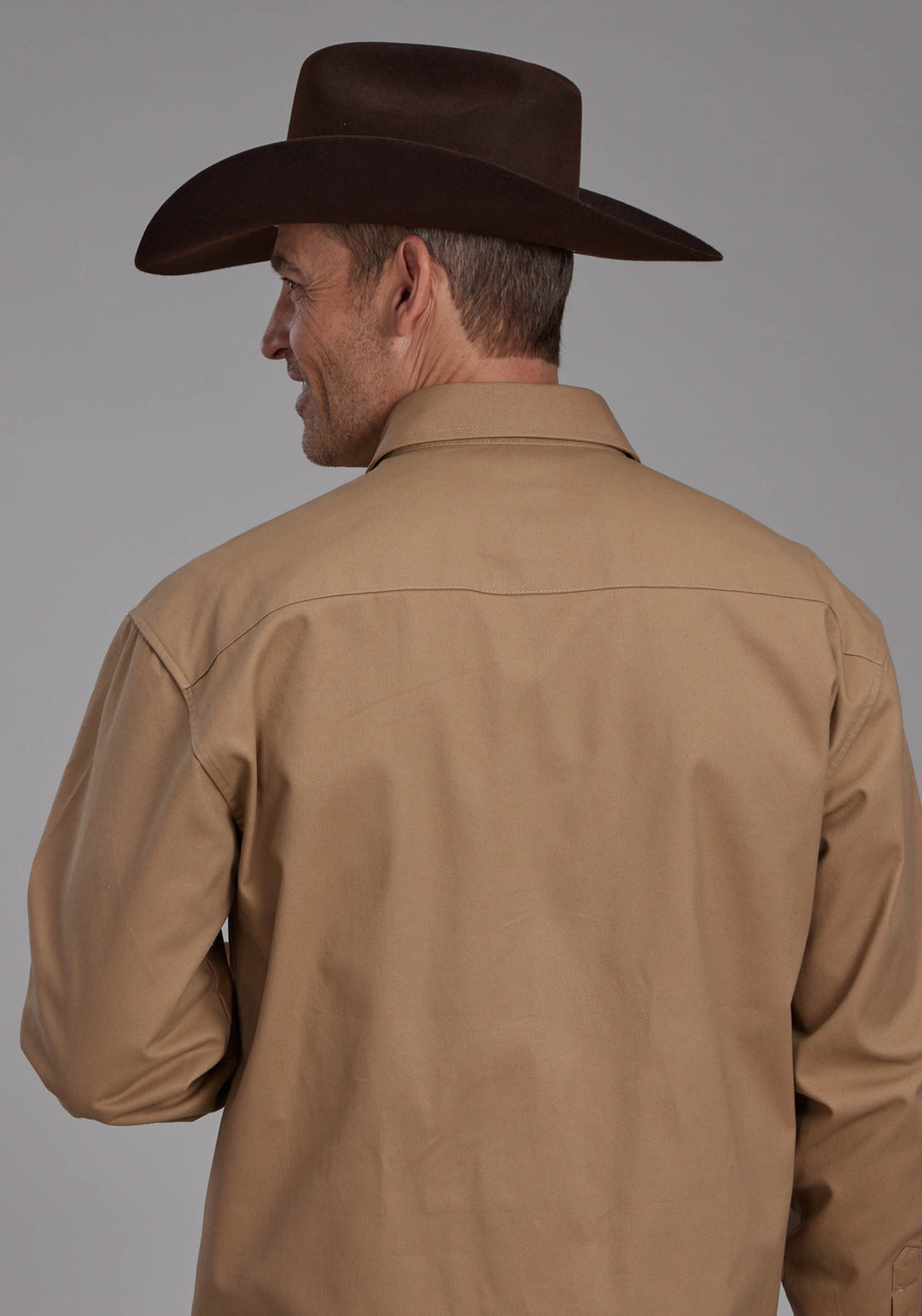 MENS LONG SLEEVE TWILL SHIRT - KHAKI LONG SLEEVE SNAP WESTERN SHIRT