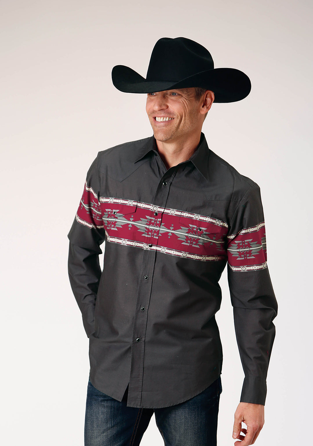 MENS LONG SLEEVE SNAP AZTEC BORDER WESTERN SHIRT