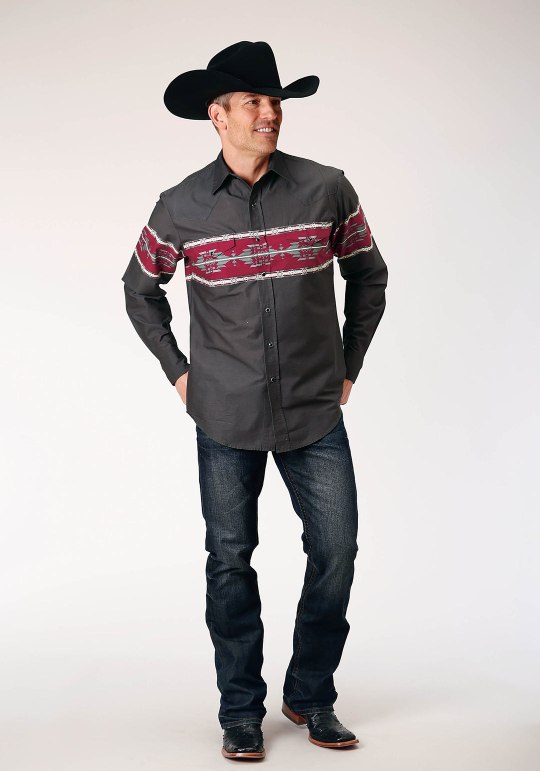 MENS LONG SLEEVE SNAP AZTEC BORDER WESTERN SHIRT