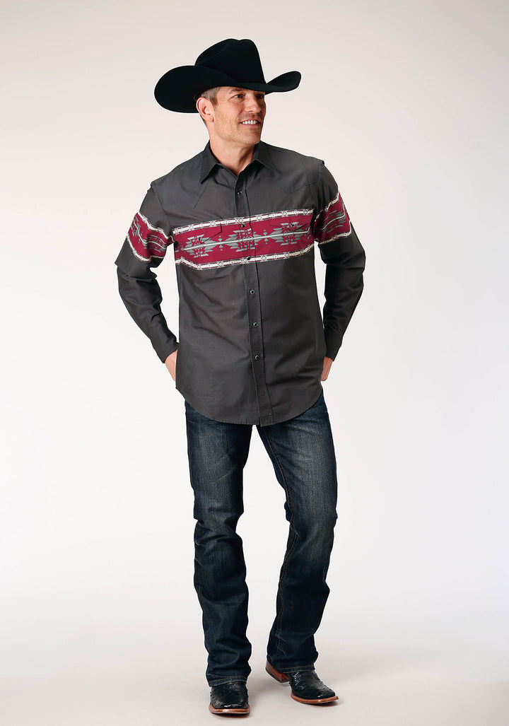 MENS LONG SLEEVE SNAP AZTEC BORDER WESTERN SHIRT