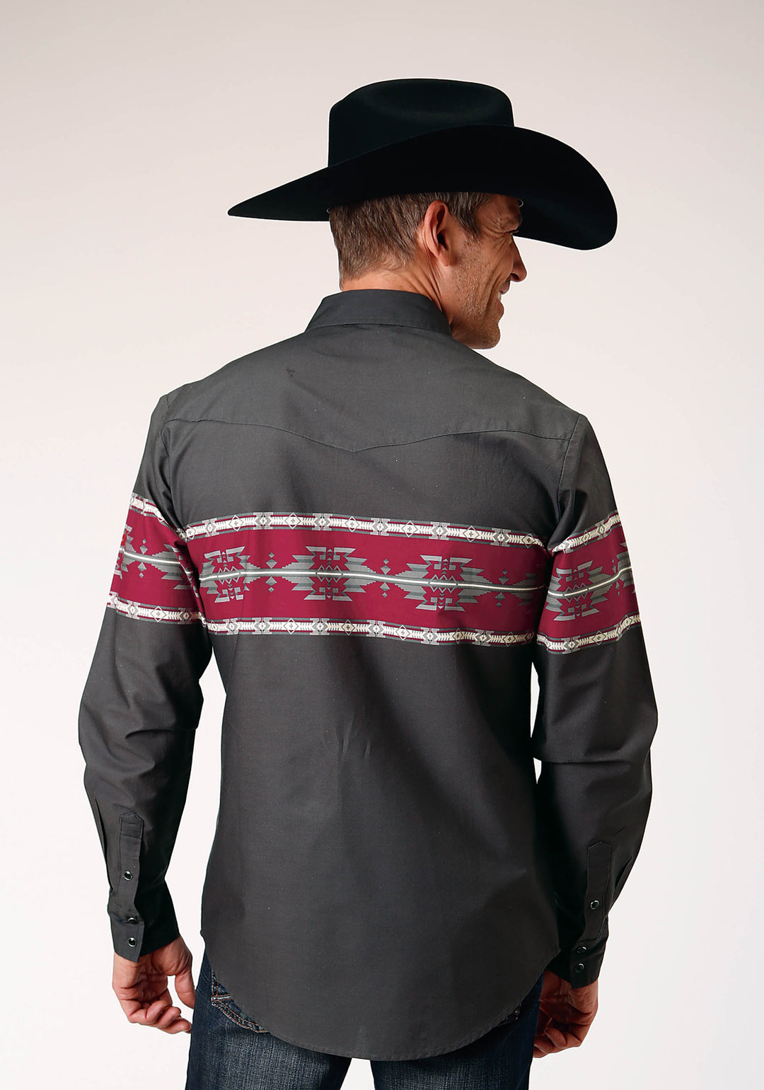 MENS LONG SLEEVE SNAP AZTEC BORDER WESTERN SHIRT