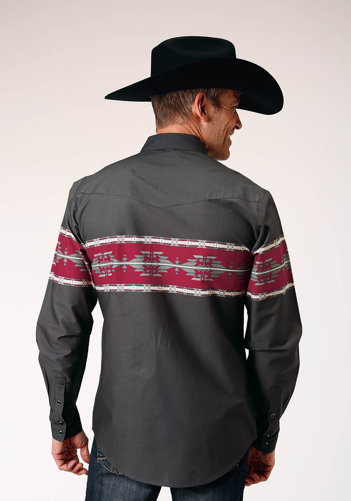 MENS LONG SLEEVE SNAP AZTEC BORDER WESTERN SHIRT