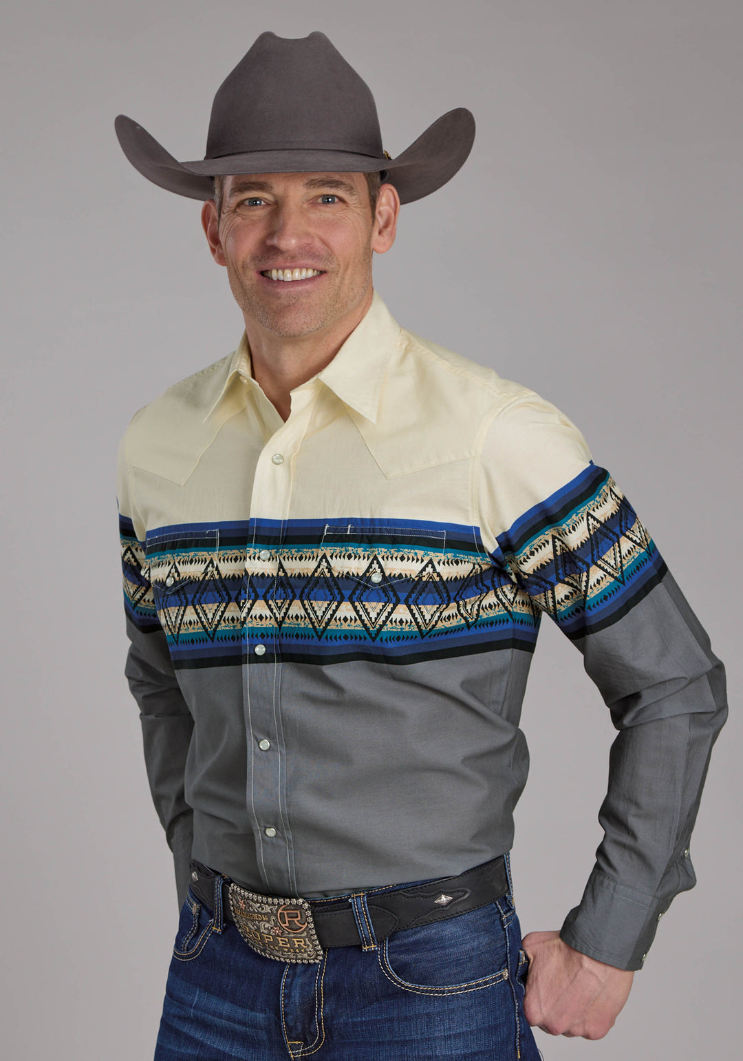 MENS RETRO DIAMOND BORDER LONG SLEEVE SNAP WESTERN SHIRT