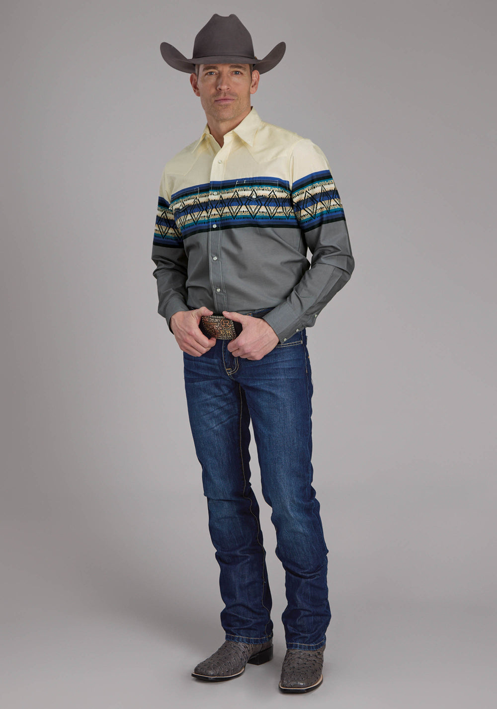 MENS RETRO DIAMOND BORDER LONG SLEEVE SNAP WESTERN SHIRT