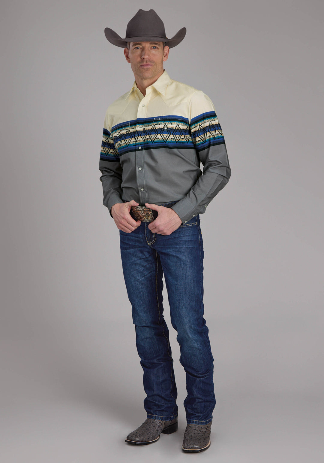 MENS RETRO DIAMOND BORDER LONG SLEEVE SNAP WESTERN SHIRT