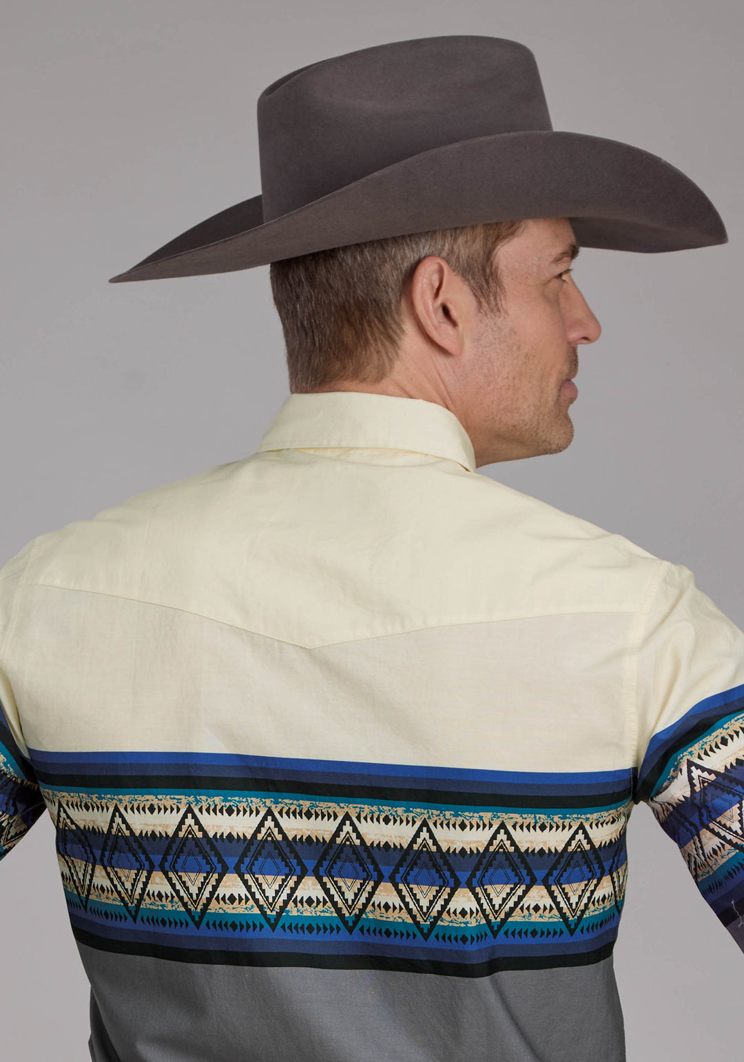MENS RETRO DIAMOND BORDER LONG SLEEVE SNAP WESTERN SHIRT