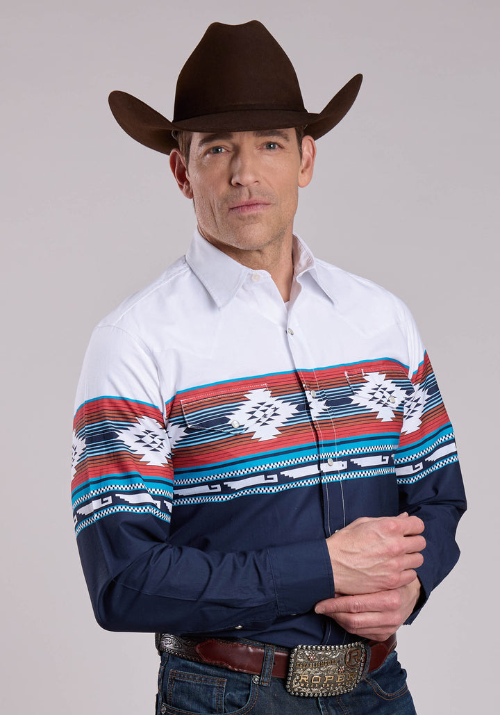 MENS LONG SLEEVE SNAP HORIZONTAL AZTEC OMBRE BORDER PRINT WESTERN SHIRT