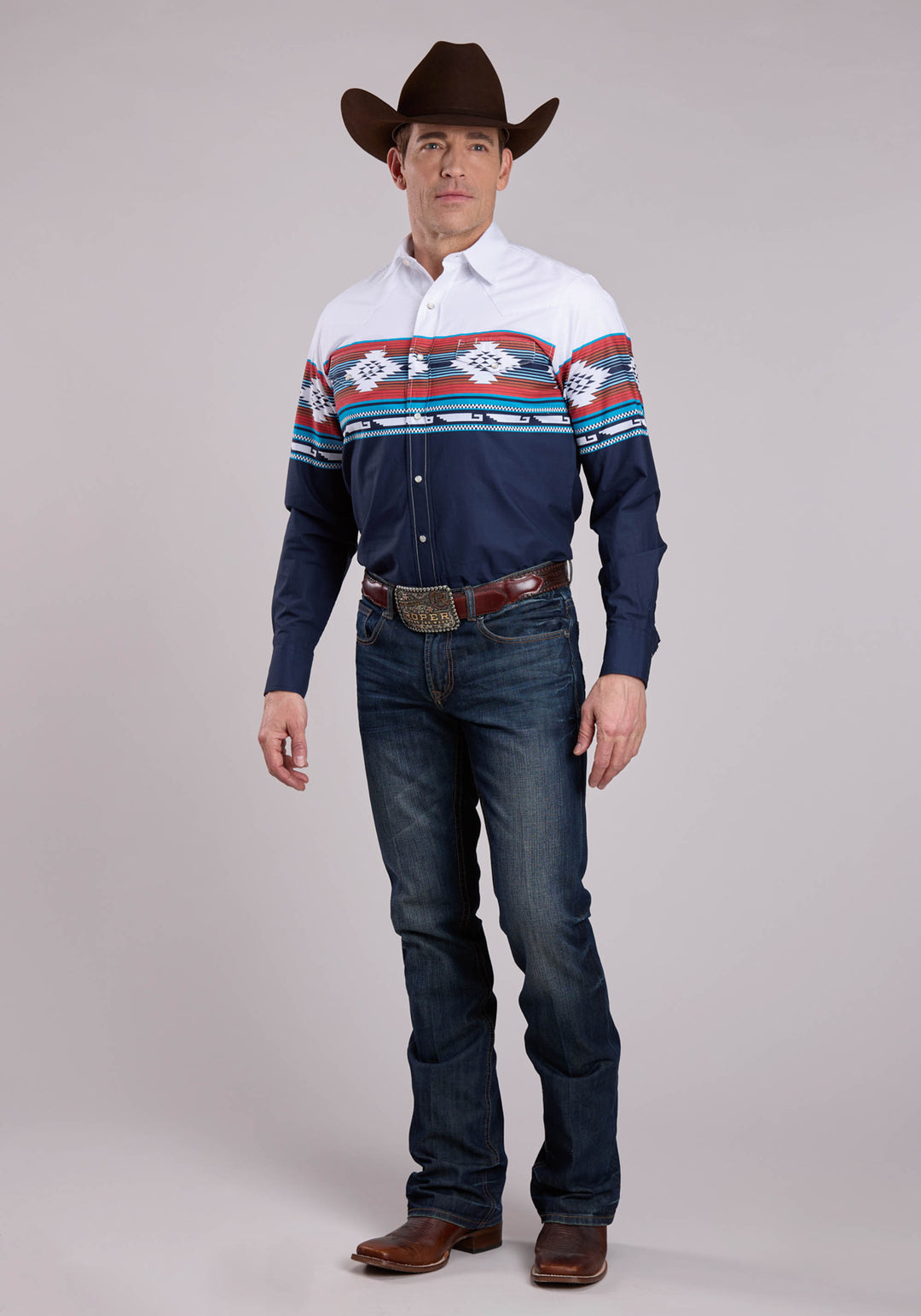 MENS LONG SLEEVE SNAP HORIZONTAL AZTEC OMBRE BORDER PRINT WESTERN SHIRT