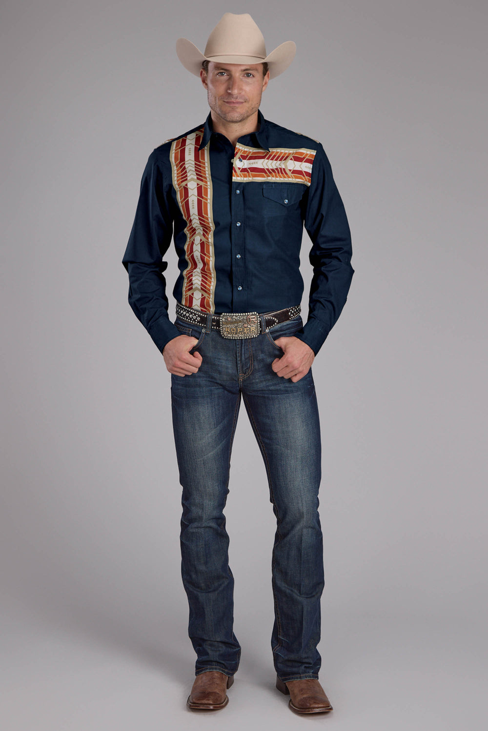 MENS AZTEC BORDER PRINT LONG SLEEVE BUTTON WESTERN SHIRT