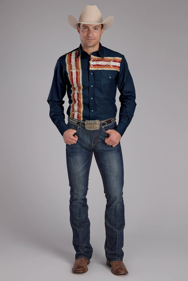 MENS AZTEC BORDER PRINT LONG SLEEVE BUTTON WESTERN SHIRT