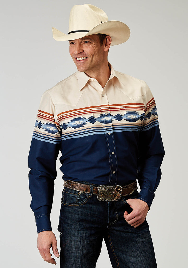 MENS LONG SLEEVE SNAP DISTRESSED AZTEC BORDER WESTERN SHIRT