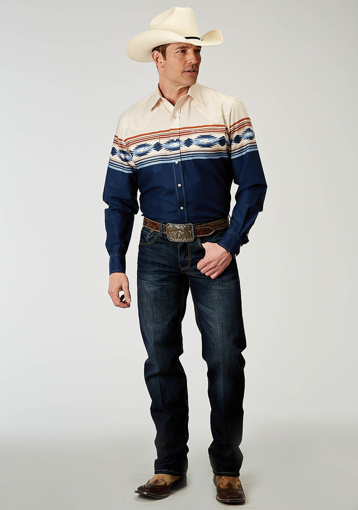 MENS LONG SLEEVE SNAP DISTRESSED AZTEC BORDER WESTERN SHIRT