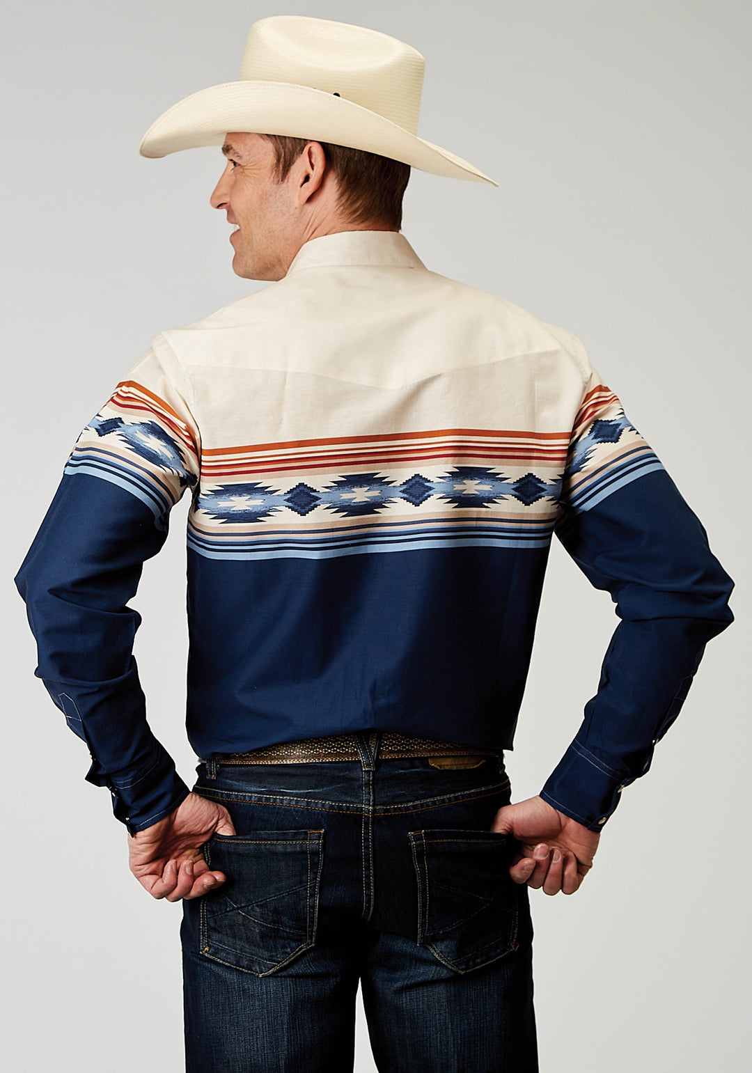 MENS LONG SLEEVE SNAP DISTRESSED AZTEC BORDER WESTERN SHIRT
